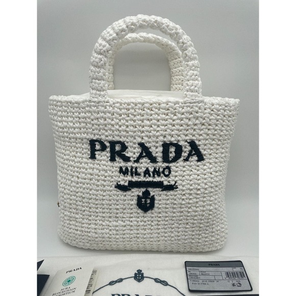 BRAND NEW PRADA RAFFIA CROCHET SMALL VACATION WHITE TOTE BAG AUTHENTIC! - Picture 4 of 14